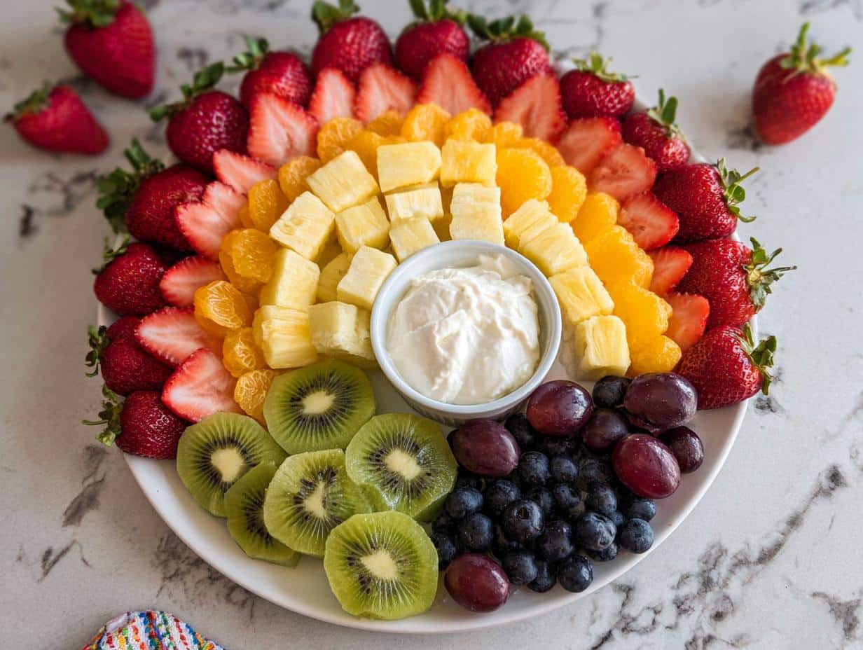 A stunning Rainbow Fruit Platter arranged in a circle featuring strawberries, oranges, pineapple, kiwi, blueberries, and grapes surrounding a central dip.