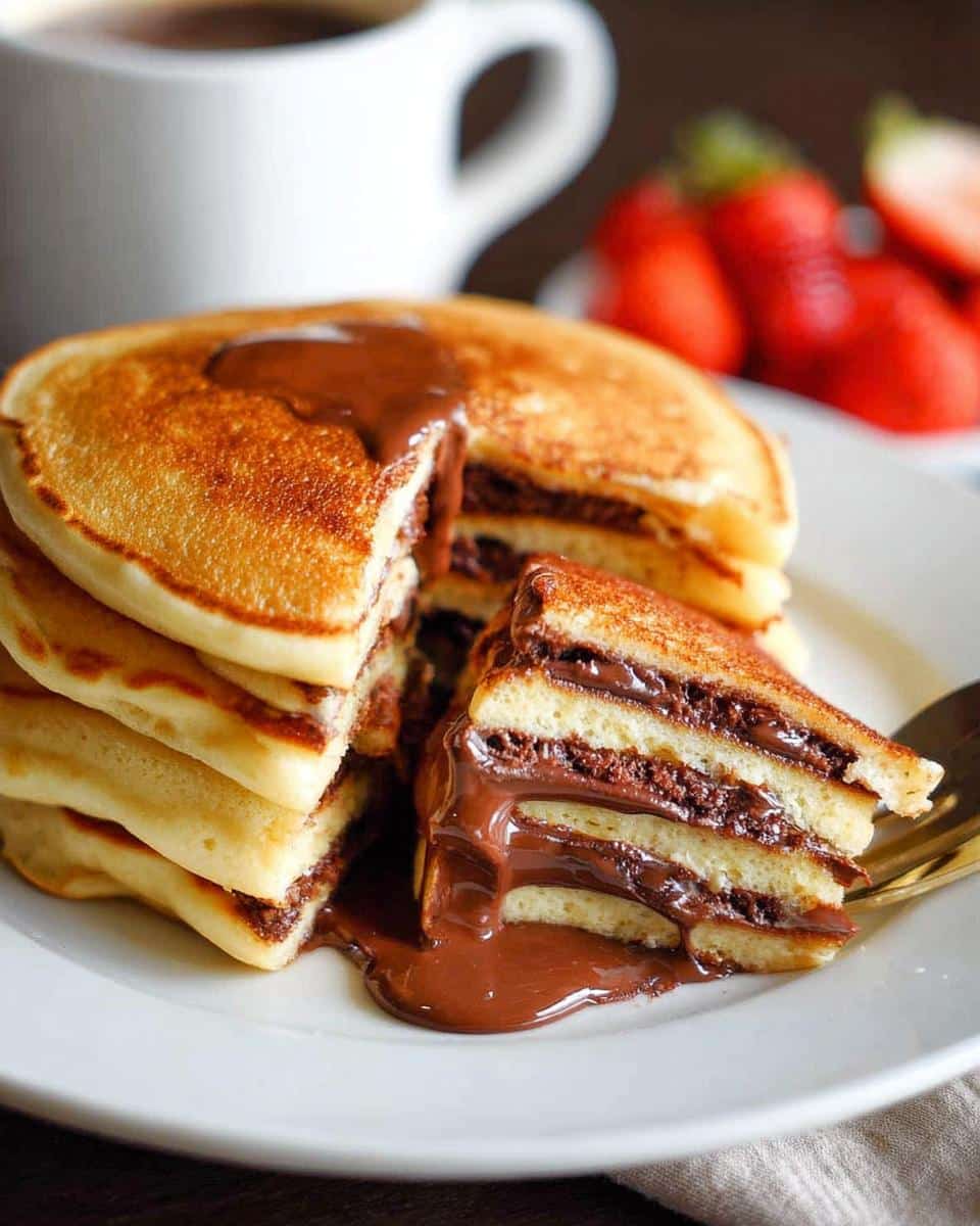 A stack of golden Surprise Stuffed Pancakes cut open to reveal rich chocolate filling and drizzled with melted chocolate.