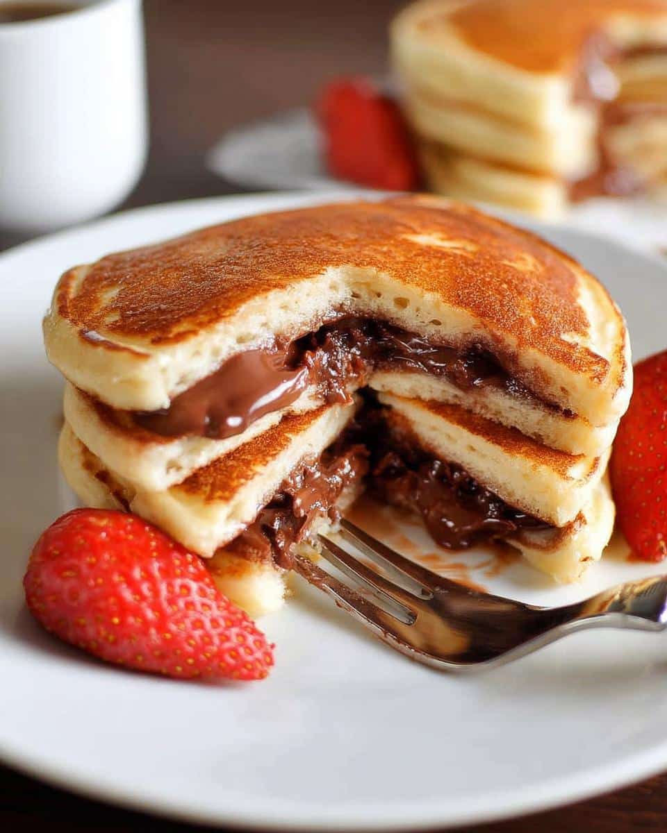A stack of golden Surprise Stuffed Pancakes cut open to reveal a gooey chocolate filling, served with fresh strawberries.