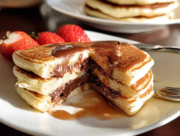 A stack of thick, fluffy Surprise Stuffed Pancakes cut in half, revealing a rich chocolate filling, served with fresh strawberries.