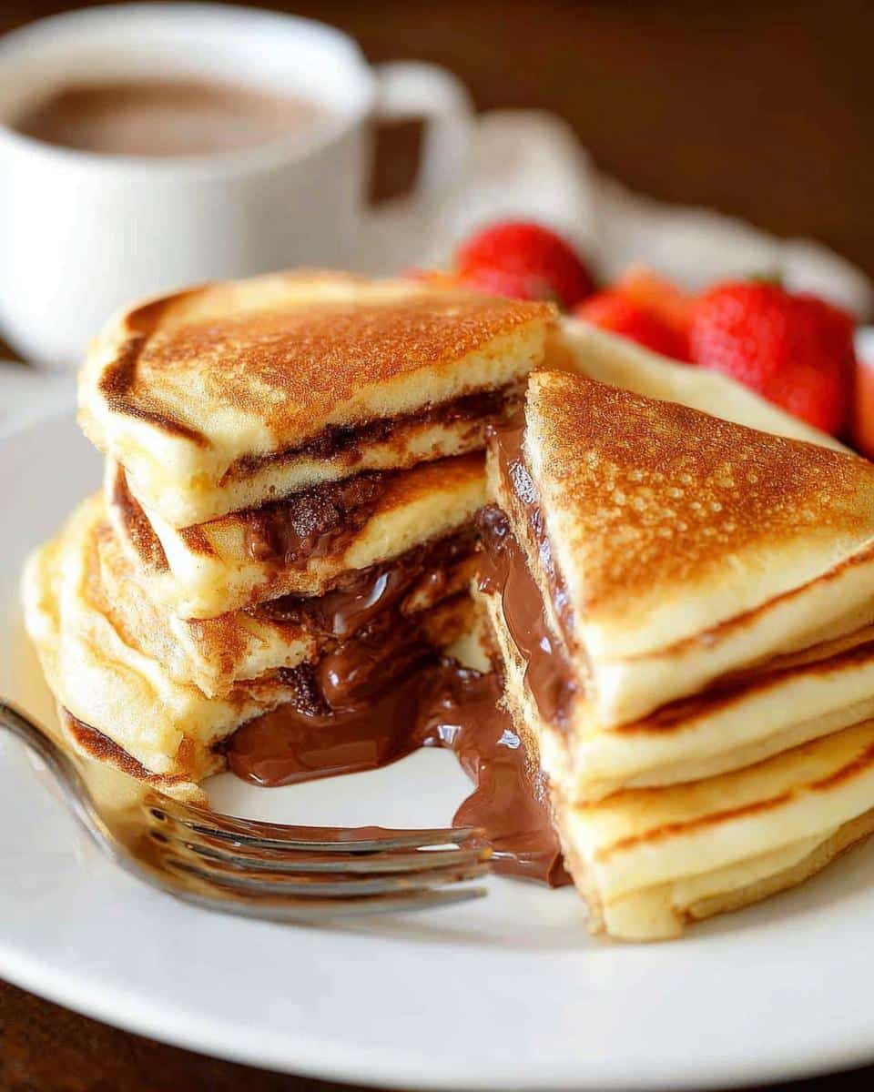 A stack of Surprise Stuffed Pancakes cut open to show rich, melted chocolate oozing out, served with strawberries.