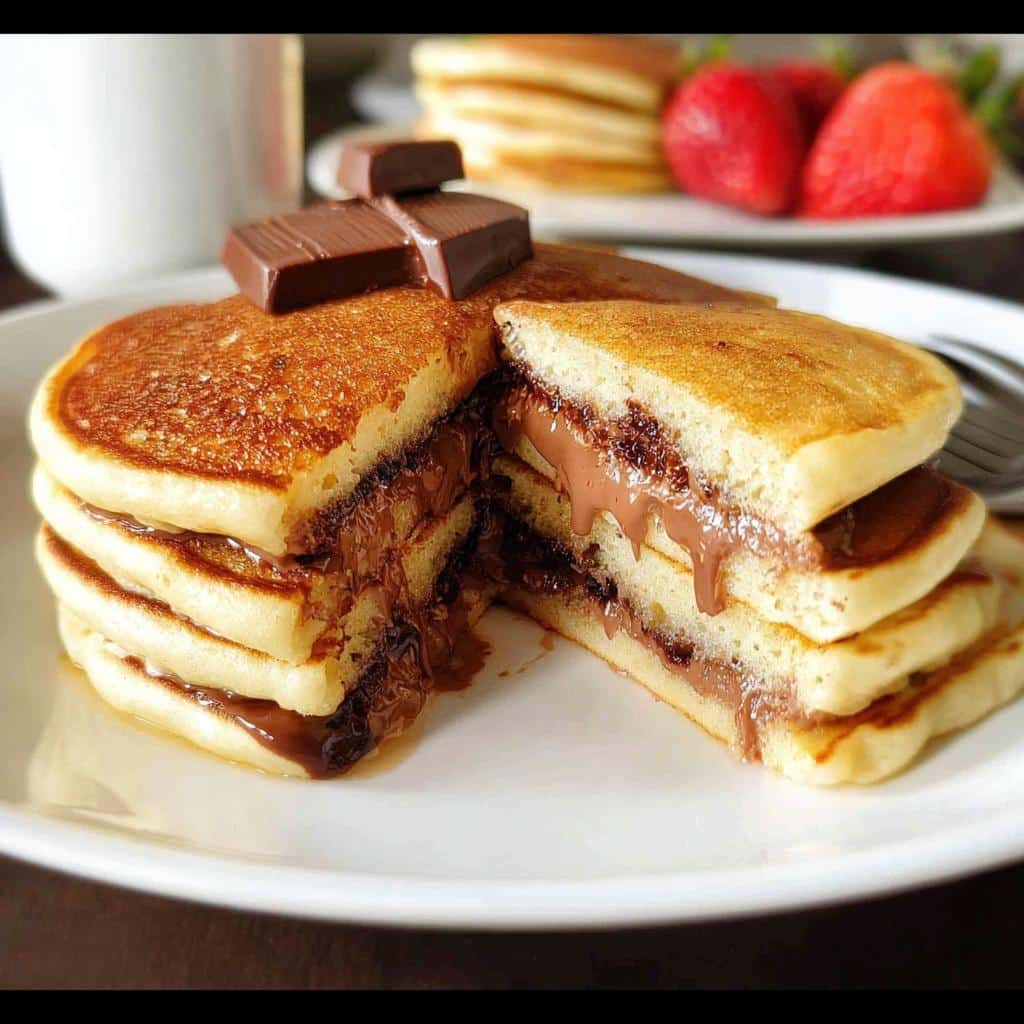 Close-up of Surprise Stuffed Pancakes cut in half, oozing melted chocolate filling and topped with chocolate squares.