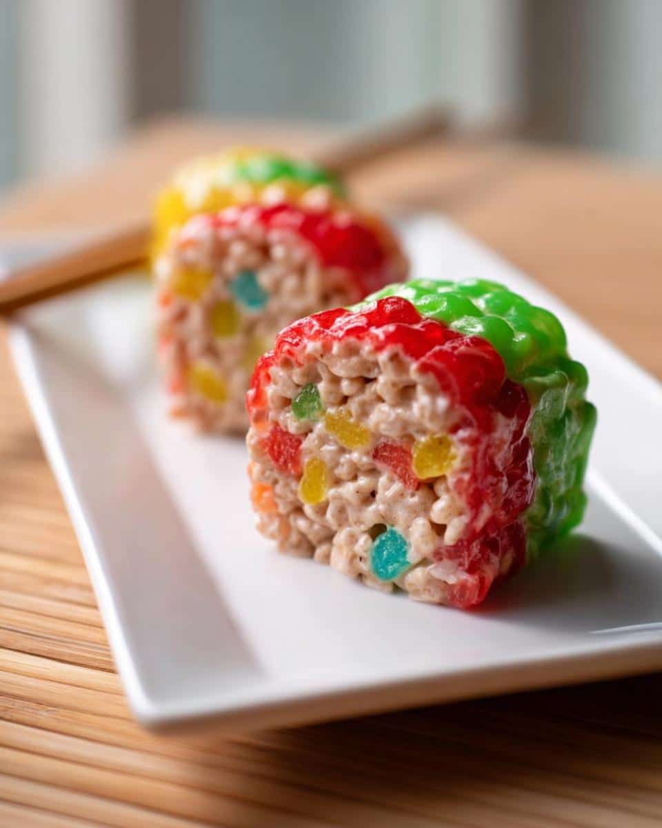 Close-up of three colorful Sushi Candy Rolls made from cereal treats on a white rectangular plate.