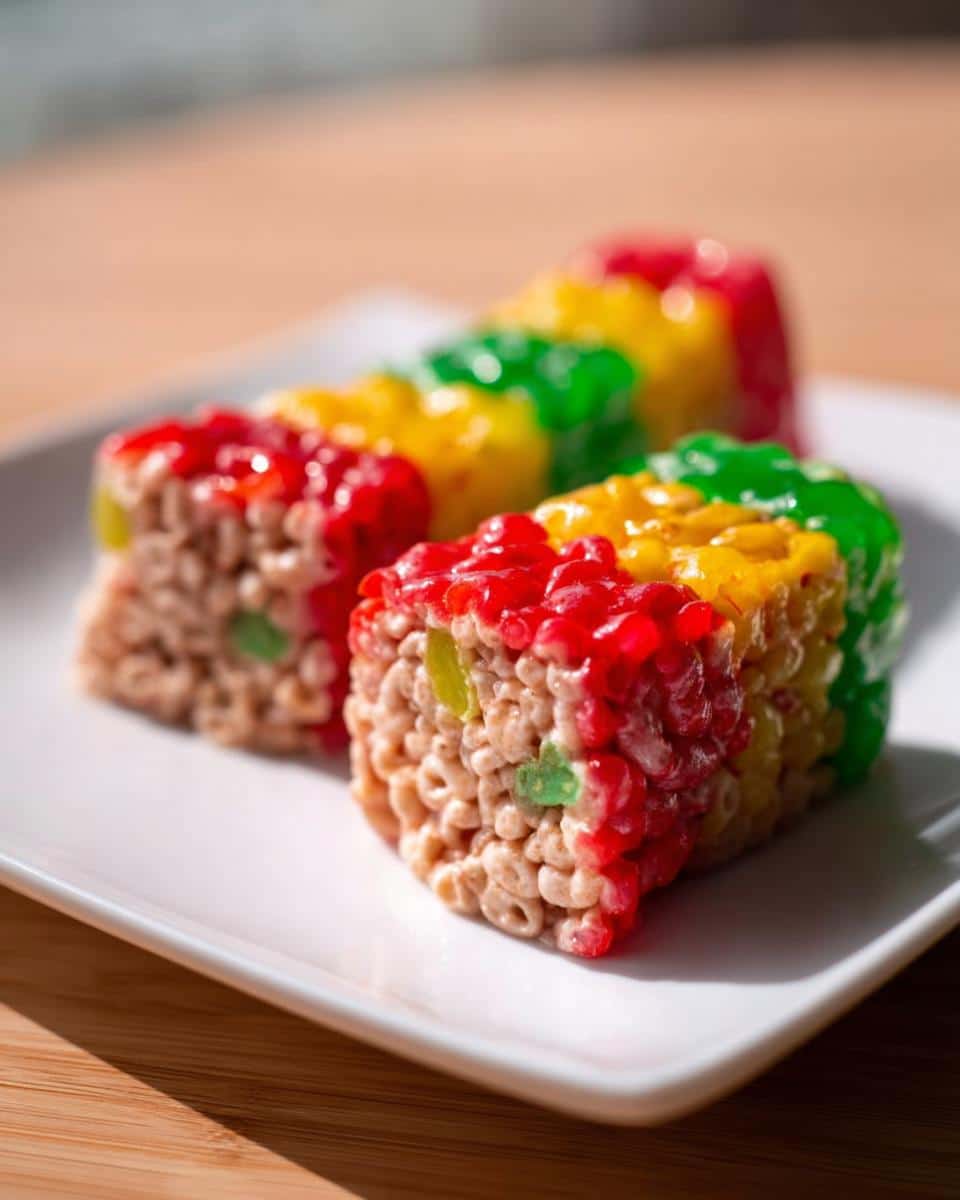 Two colorful slices of Sushi Candy Rolls, made from cereal treats topped with red, yellow, and green gelatin.