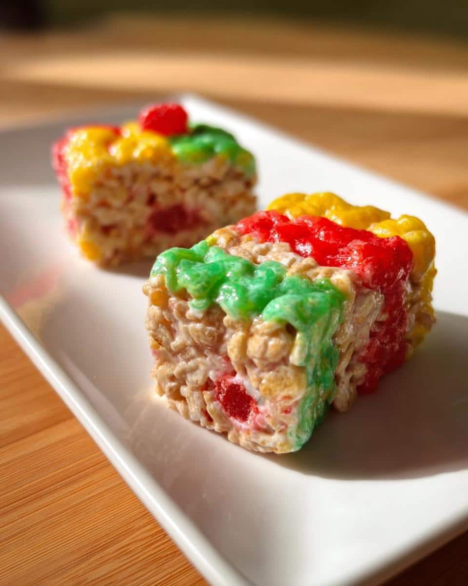 Two colorful squares of Sushi Candy Rolls made from cereal treats, topped with green, red, and yellow icing.