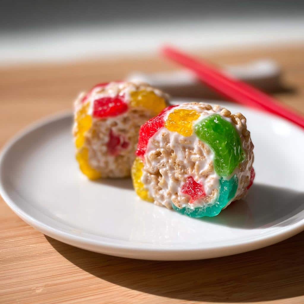 Two pieces of Sushi Candy Rolls made from cereal treats wrapped in colorful gummy candy slices.