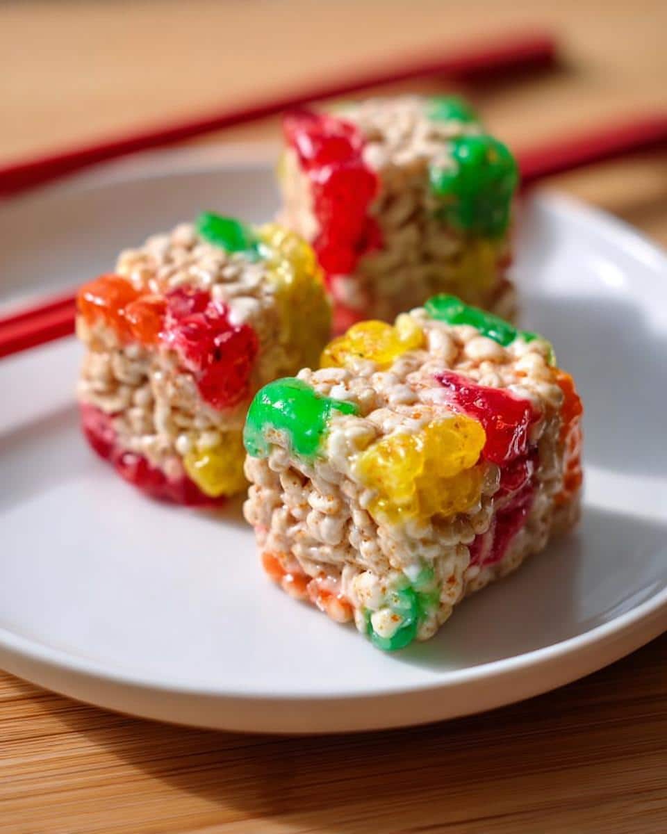 Three square pieces of Sushi Candy Rolls made from puffed rice, topped with colorful melted gummy candies.