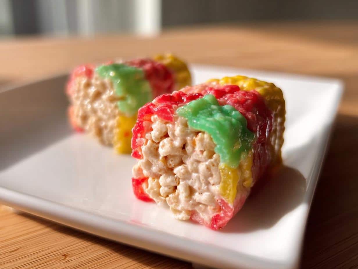 Two cross-sections of colorful Sushi Candy Rolls made from cereal treats, sitting on a white plate.