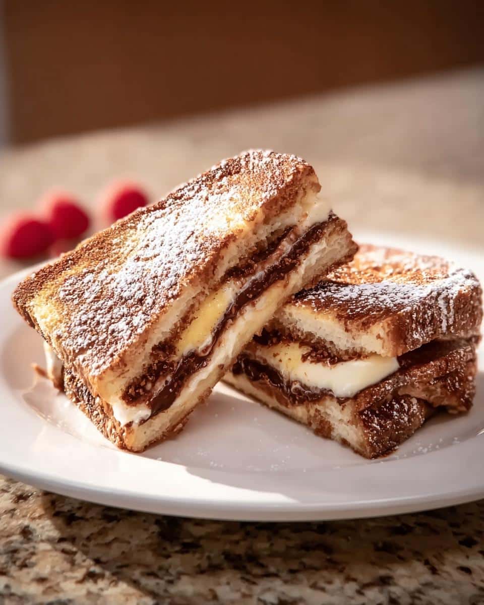 Two halves of a sweet Grilled Cheese Cake, layered with cream and chocolate spread, dusted with powdered sugar.