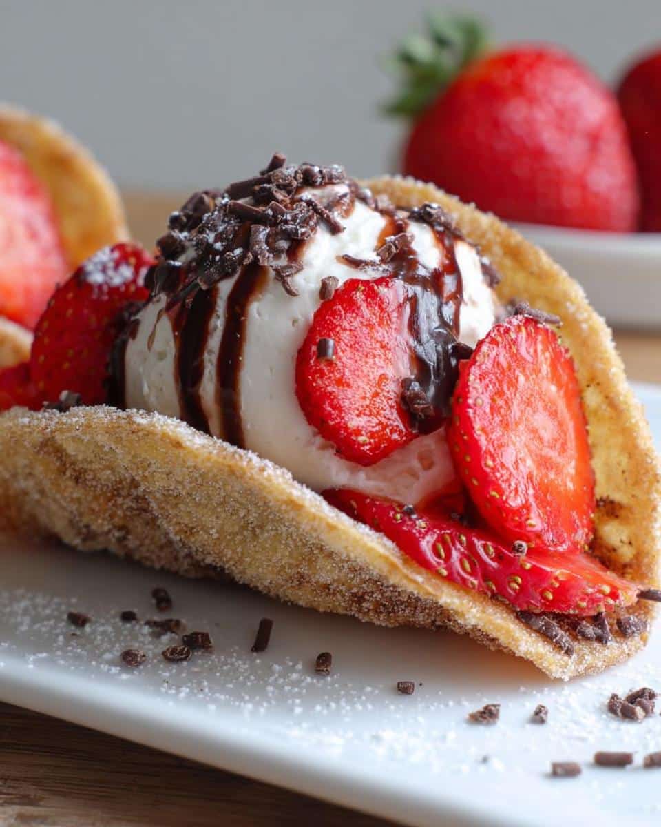 A close-up of a cinnamon-sugar Taco Dessert Shell filled with vanilla ice cream, sliced strawberries, and chocolate syrup.