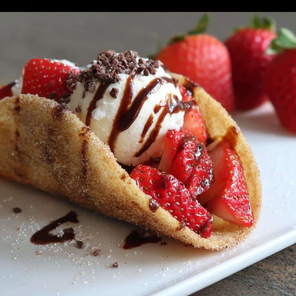 A close-up of a crispy, cinnamon-sugar Taco Dessert Shells filled with vanilla ice cream, sliced strawberries, and chocolate syrup.
