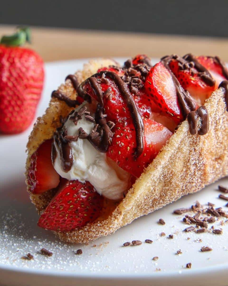 A close-up of a crispy, cinnamon-sugar coated Taco Dessert Shells filled with fresh strawberries, whipped cream, and chocolate drizzle.