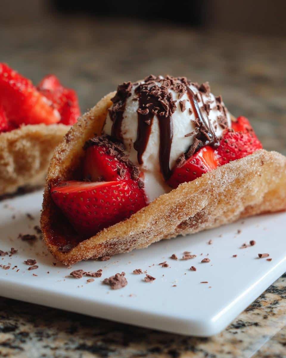 Close-up of a cinnamon-sugar Taco Dessert Shells filled with vanilla ice cream, strawberries, and chocolate drizzle.