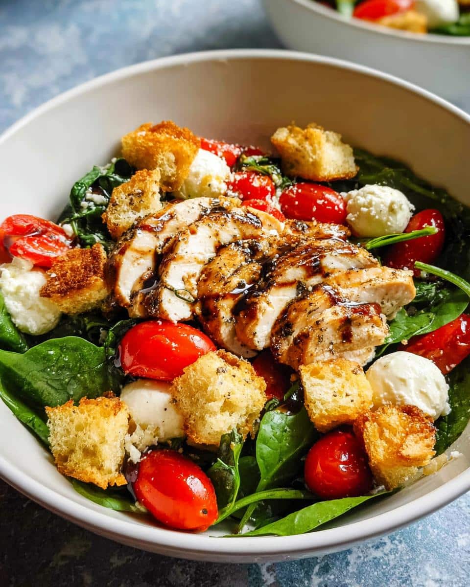 Close-up of Tomato Mozzarella Chicken Salad featuring sliced grilled chicken, cherry tomatoes, mozzarella balls, and croutons over spinach.