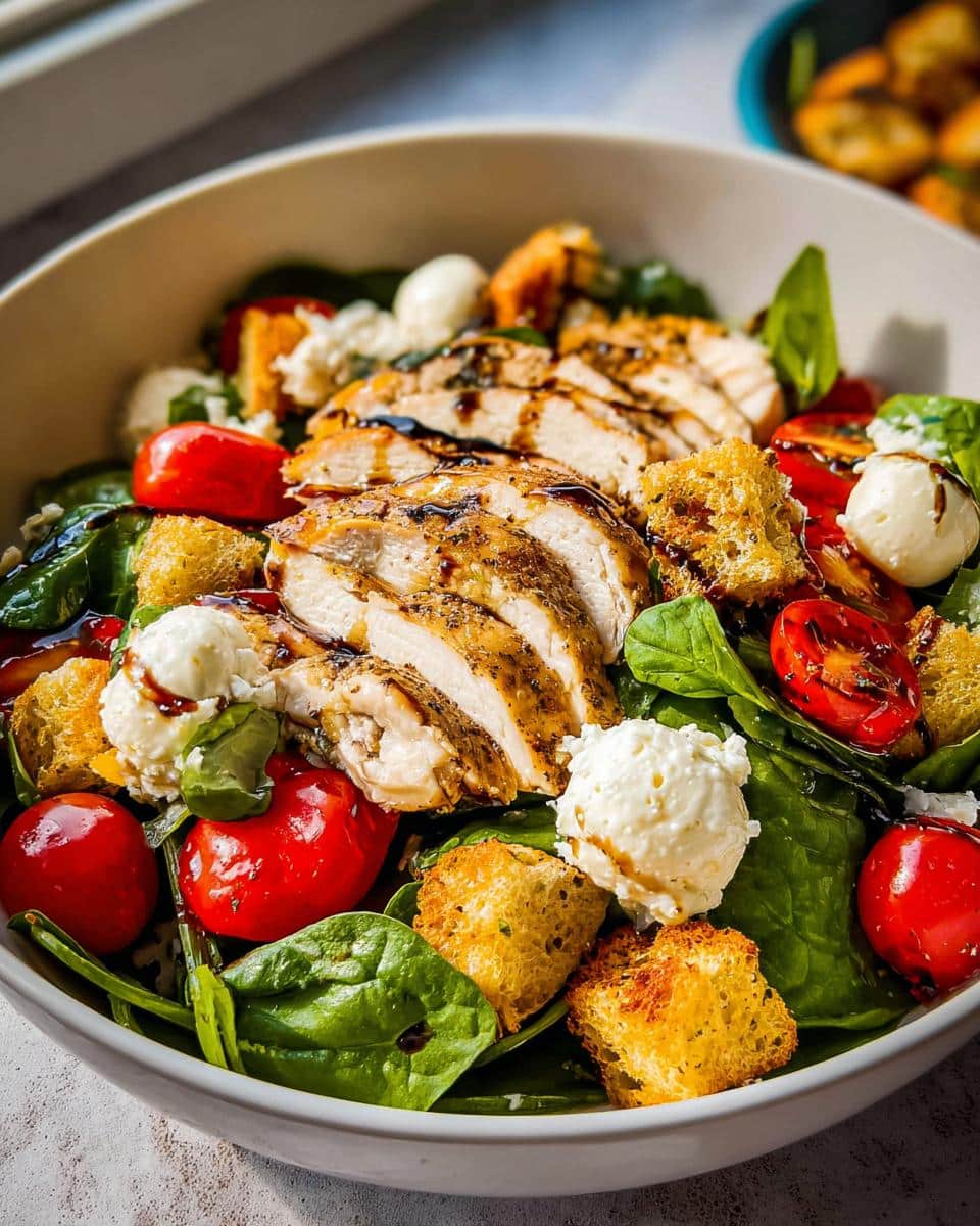 Close-up of a delicious Tomato Mozzarella Chicken Salad featuring sliced grilled chicken, cherry tomatoes, mozzarella balls, and croutons.