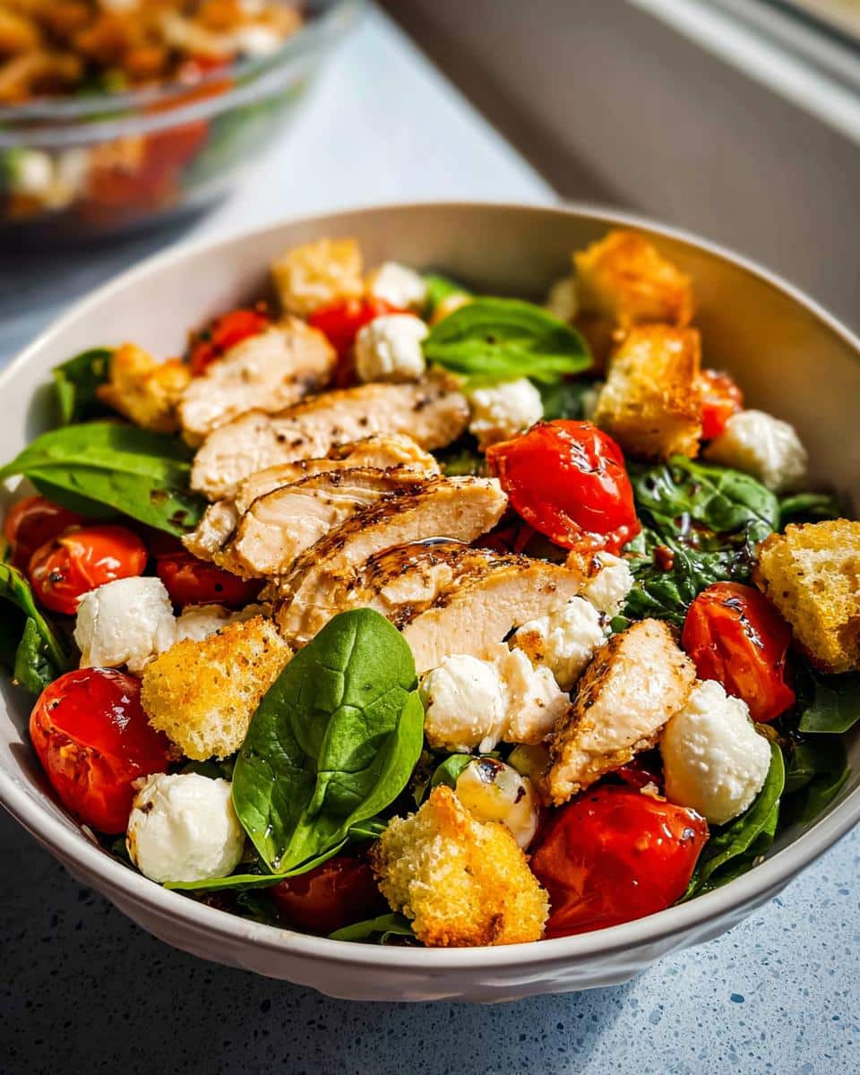 Close-up of Tomato Mozzarella Chicken Salad featuring sliced grilled chicken, mozzarella balls, cherry tomatoes, and croutons over spinach.