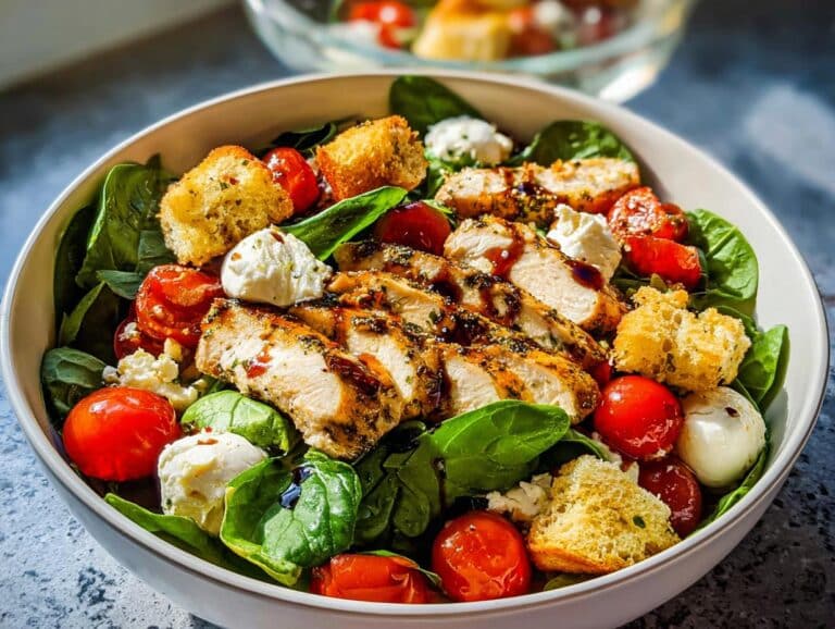 Close-up of a vibrant Tomato Mozzarella Chicken Salad featuring sliced grilled chicken, cherry tomatoes, mozzarella balls, and croutons over spinach.