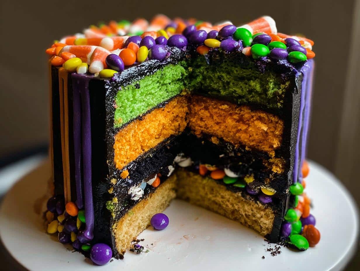 A slice removed from a vibrant Trick or Treat Cake showing layers of green, orange, black, and tan cake.
