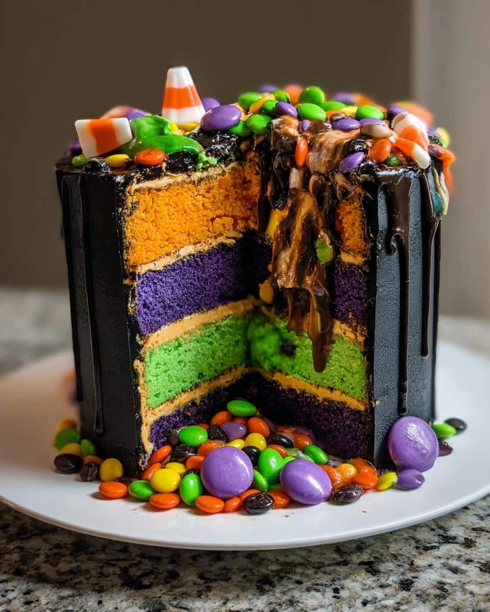 A slice removed from a tall Trick or Treat Cake showing vibrant orange, purple, and green layers.