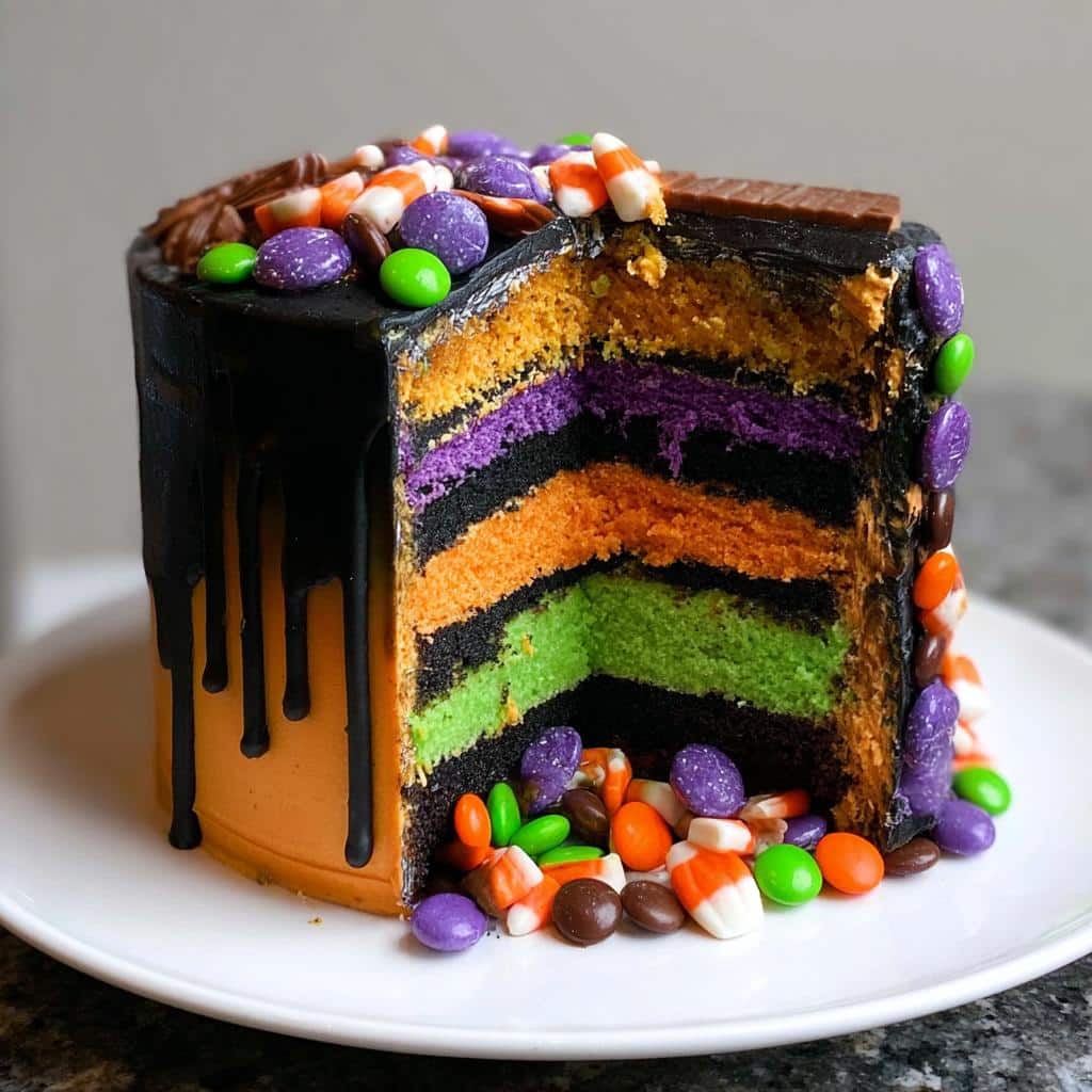 A slice cut from a multi-layered Trick or Treat Cake showing orange, purple, black, and green layers, covered in black drip icing and candy.