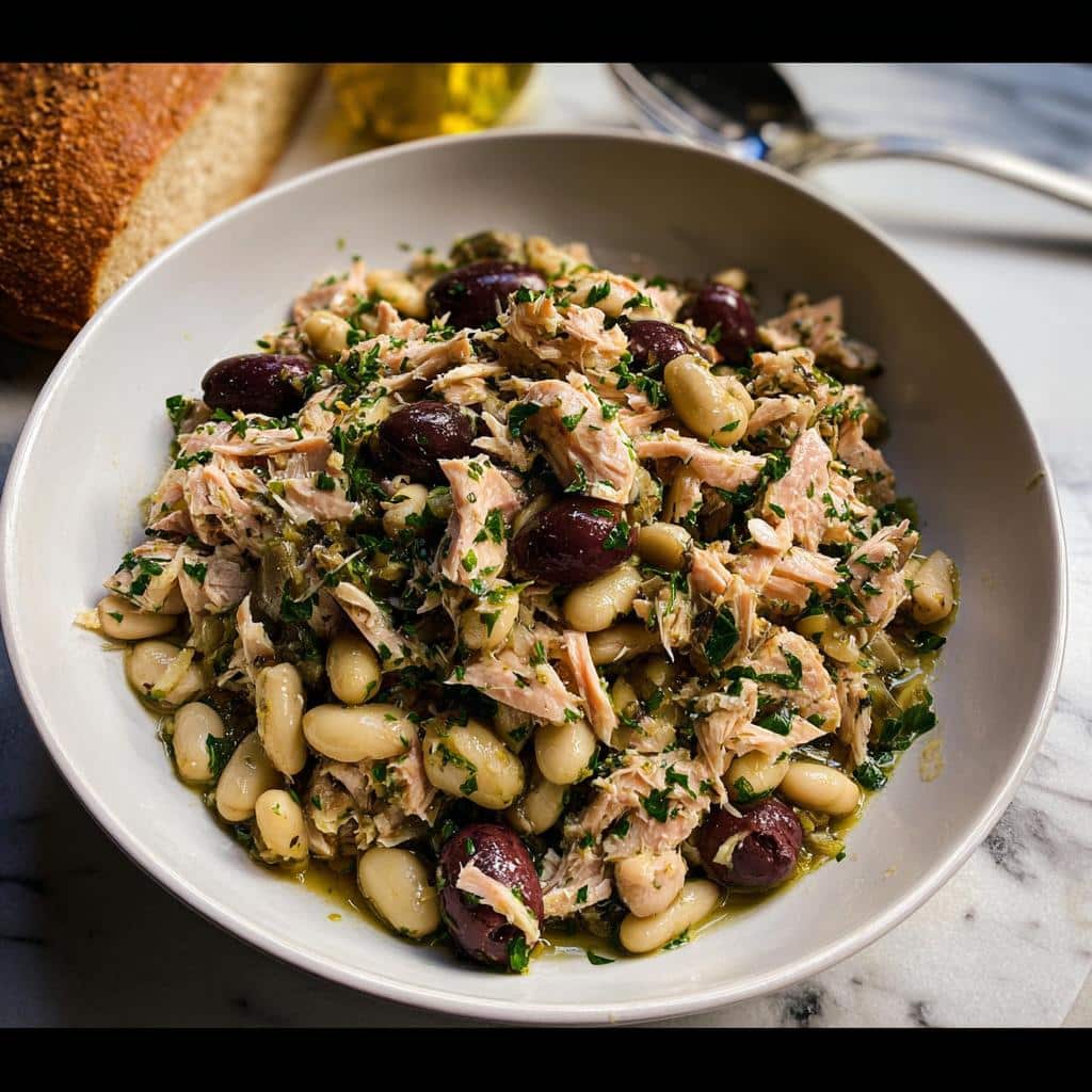 A close-up of a bowl filled with Tuna White Bean Lunch Salad, featuring white beans, flaked tuna, Kalamata olives, and fresh parsley.
