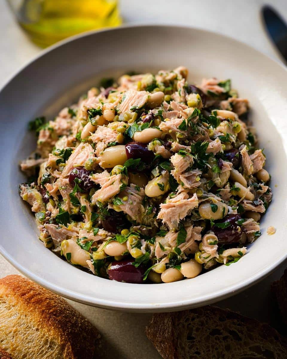 A close-up of a bowl filled with Tuna White Bean Lunch Salad, featuring flaked tuna, white beans, olives, and fresh parsley.