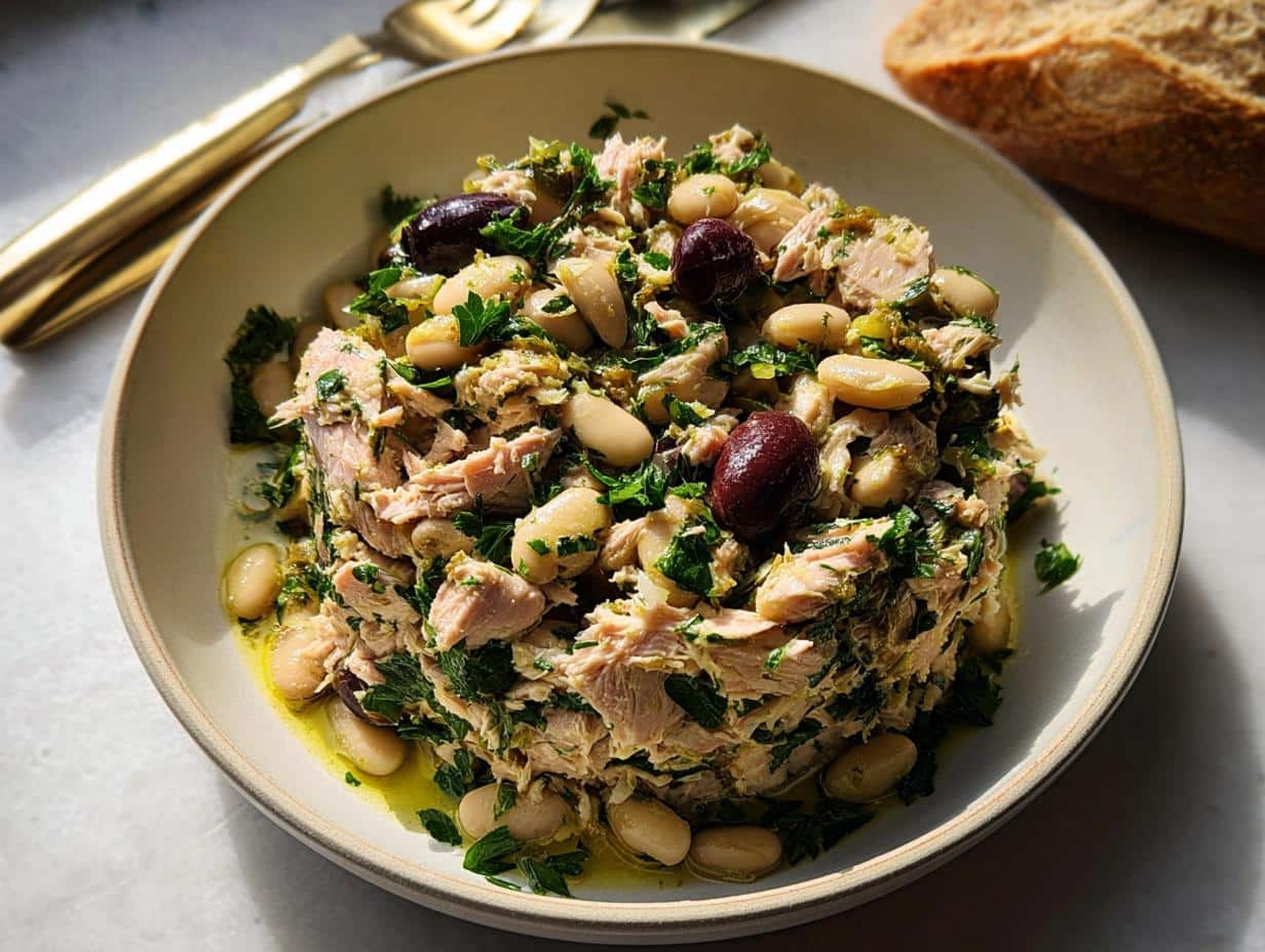 A serving of Tuna White Bean Lunch Salad, featuring flaked tuna, white beans, parsley, and Kalamata olives, drizzled with olive oil.