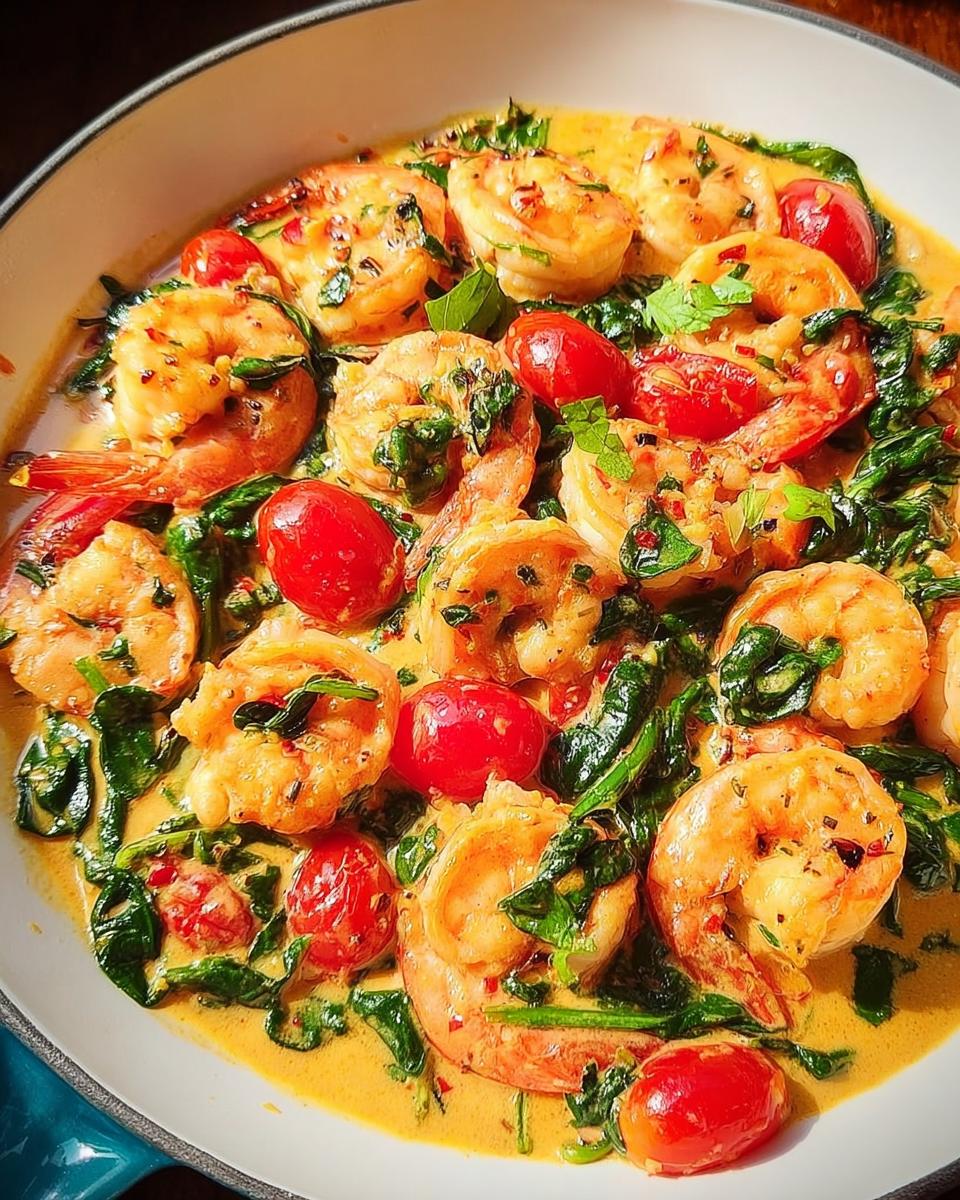 Close-up of a creamy Tuscan Shrimp Skillet featuring plump shrimp, cherry tomatoes, and spinach.