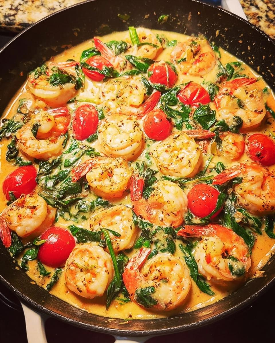 Close-up of a rich Tuscan Shrimp Skillet with plump shrimp, spinach, and cherry tomatoes in a creamy sauce.