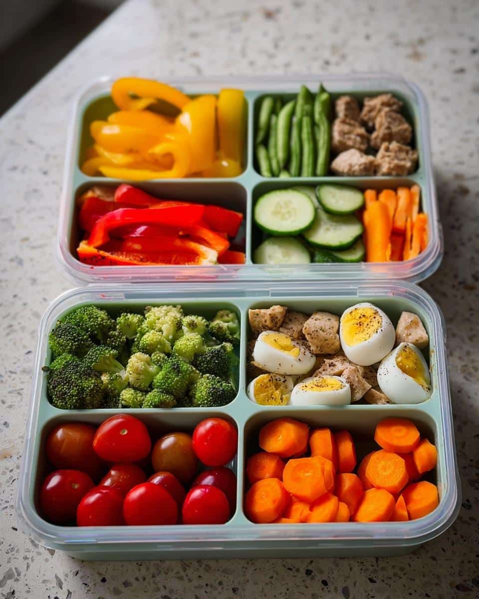Two stacked bento boxes filled with colorful vegetables, chicken pieces, and hard-boiled eggs for a Fast Protein Lunch Box.