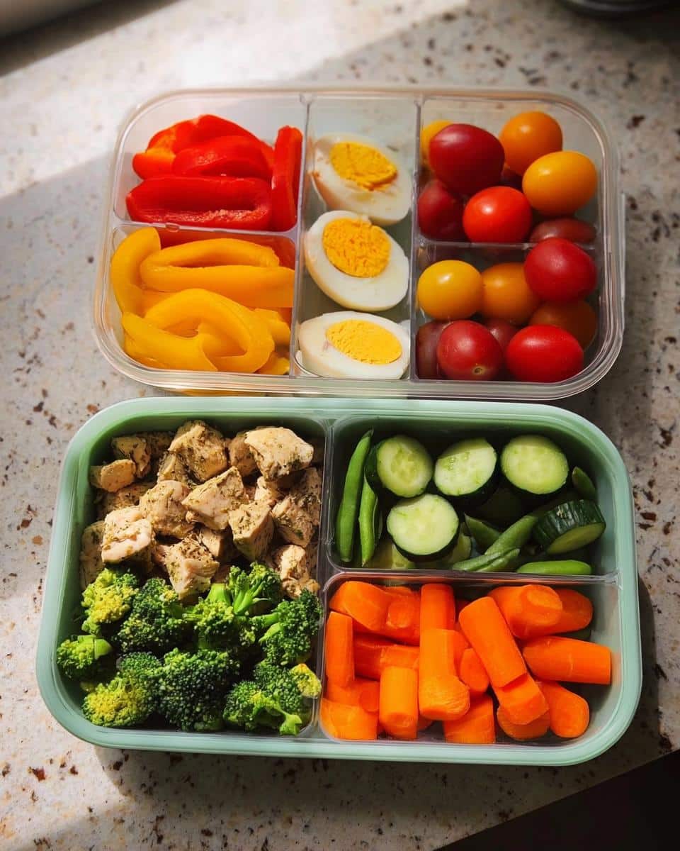 Two stacked lunch boxes filled with ingredients for a Fast Protein Lunch Box, including chicken, eggs, broccoli, carrots, and peppers.