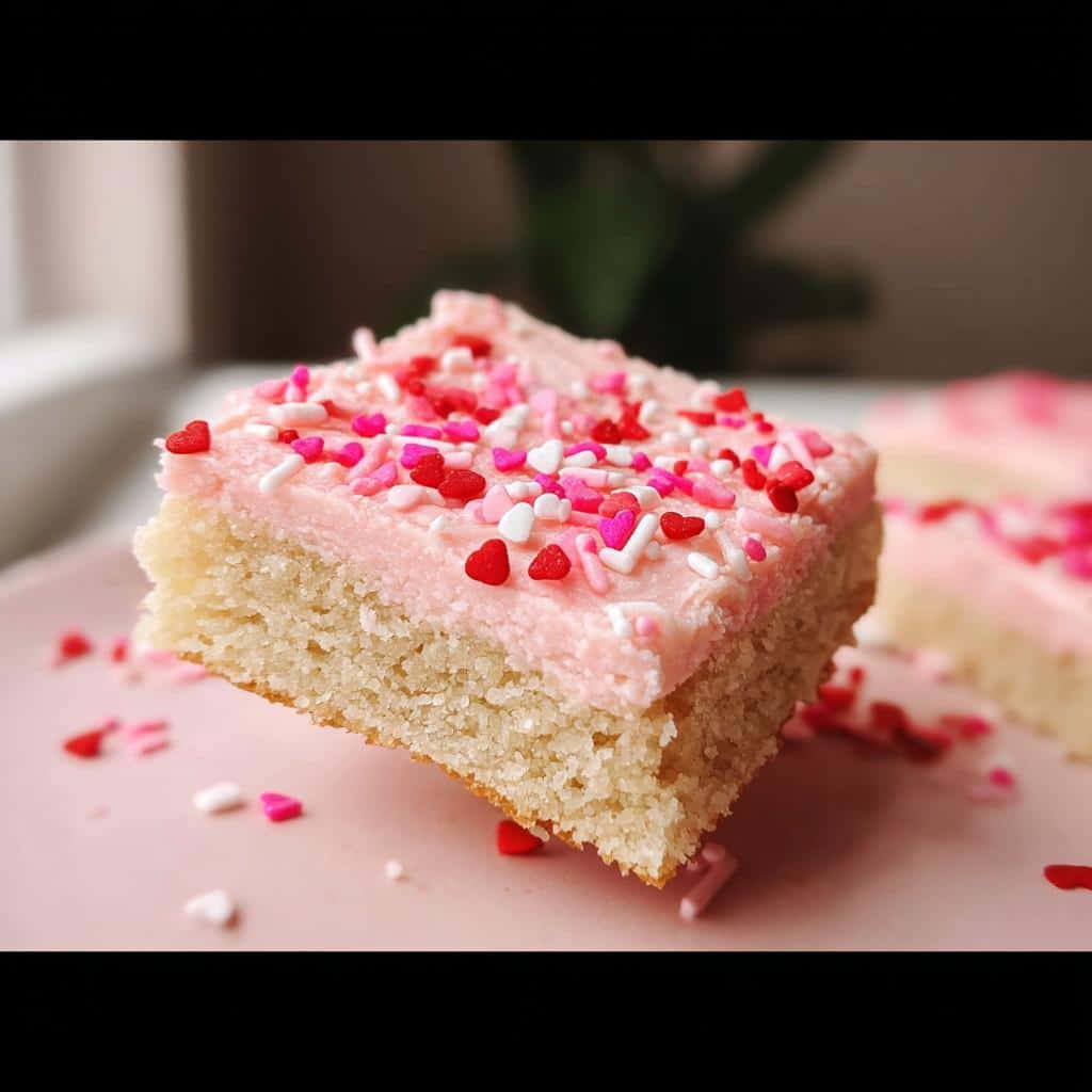 A single square of Valentine Sugar Cookie Bars, featuring a thick, light-colored base topped with pink frosting and heart-shaped sprinkles.