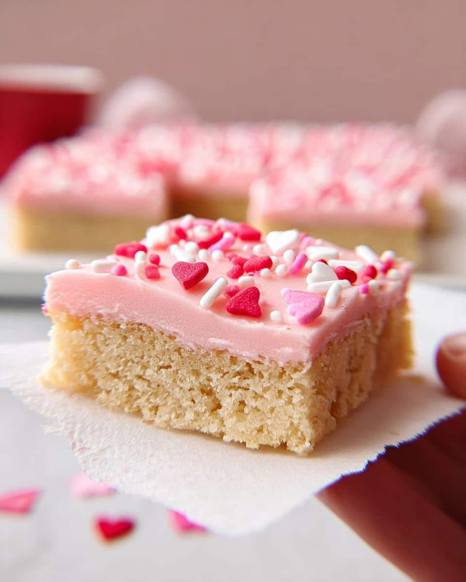 A close-up of one square of Valentine Sugar Cookie Bars topped with pink frosting and heart sprinkles.