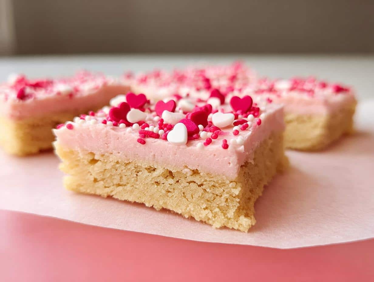 A close-up of a square Valentine Sugar Cookie Bar topped with pink frosting and red, white, and pink heart sprinkles.