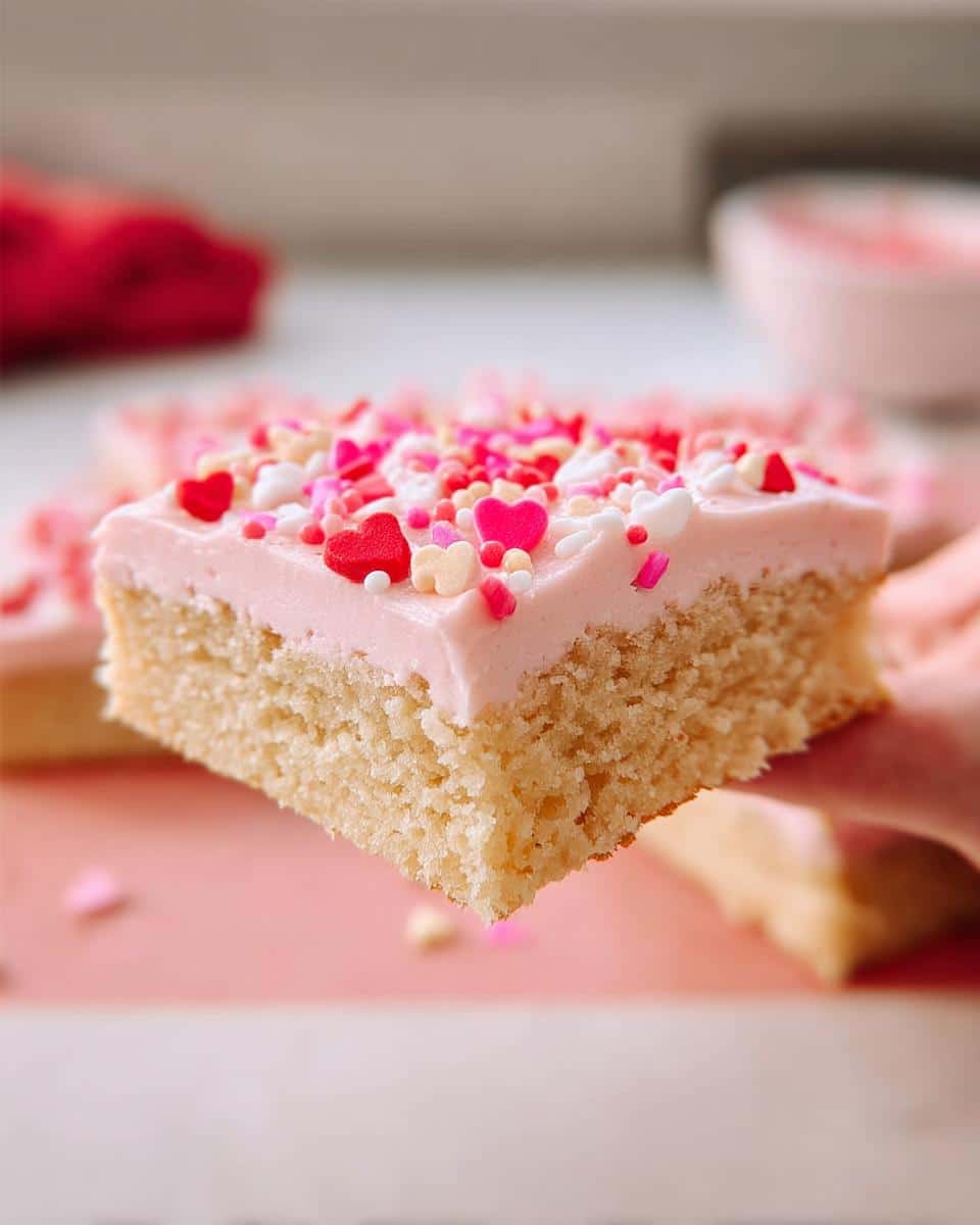 A close-up shot of a thick square of Valentine Sugar Cookie Bars topped with pink frosting and heart sprinkles.