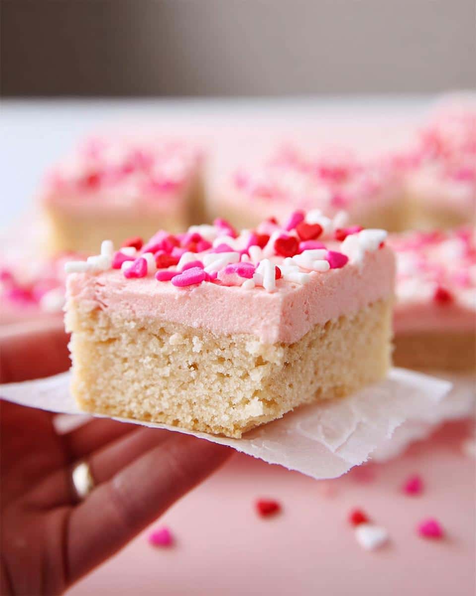 A hand holds a square slice of Valentine Sugar Cookie Bars topped with pink frosting and heart sprinkles.
