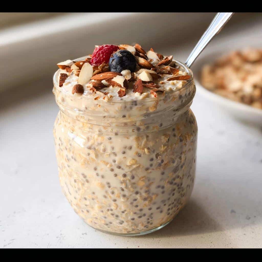 Close-up of Vanilla Almond Overnight Oats in a glass jar topped with almonds, a blueberry, and a raspberry.