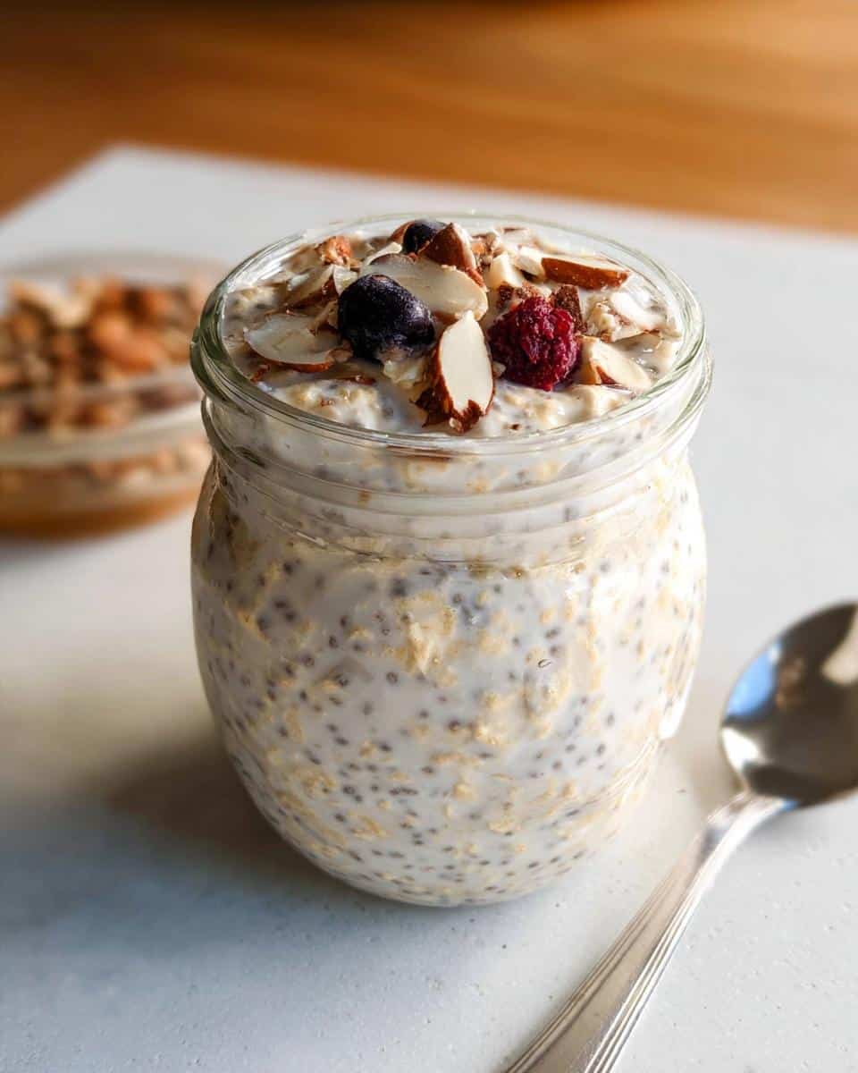 A jar filled with creamy Vanilla Almond Overnight Oats topped with sliced almonds, a blueberry, and a raspberry.