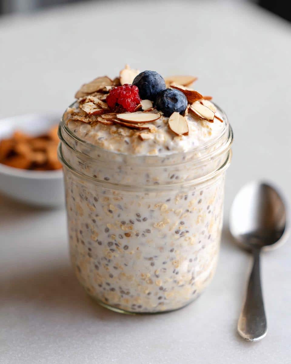 Close-up of Vanilla Almond Overnight Oats in a mason jar topped with sliced almonds, blueberries, and a raspberry.