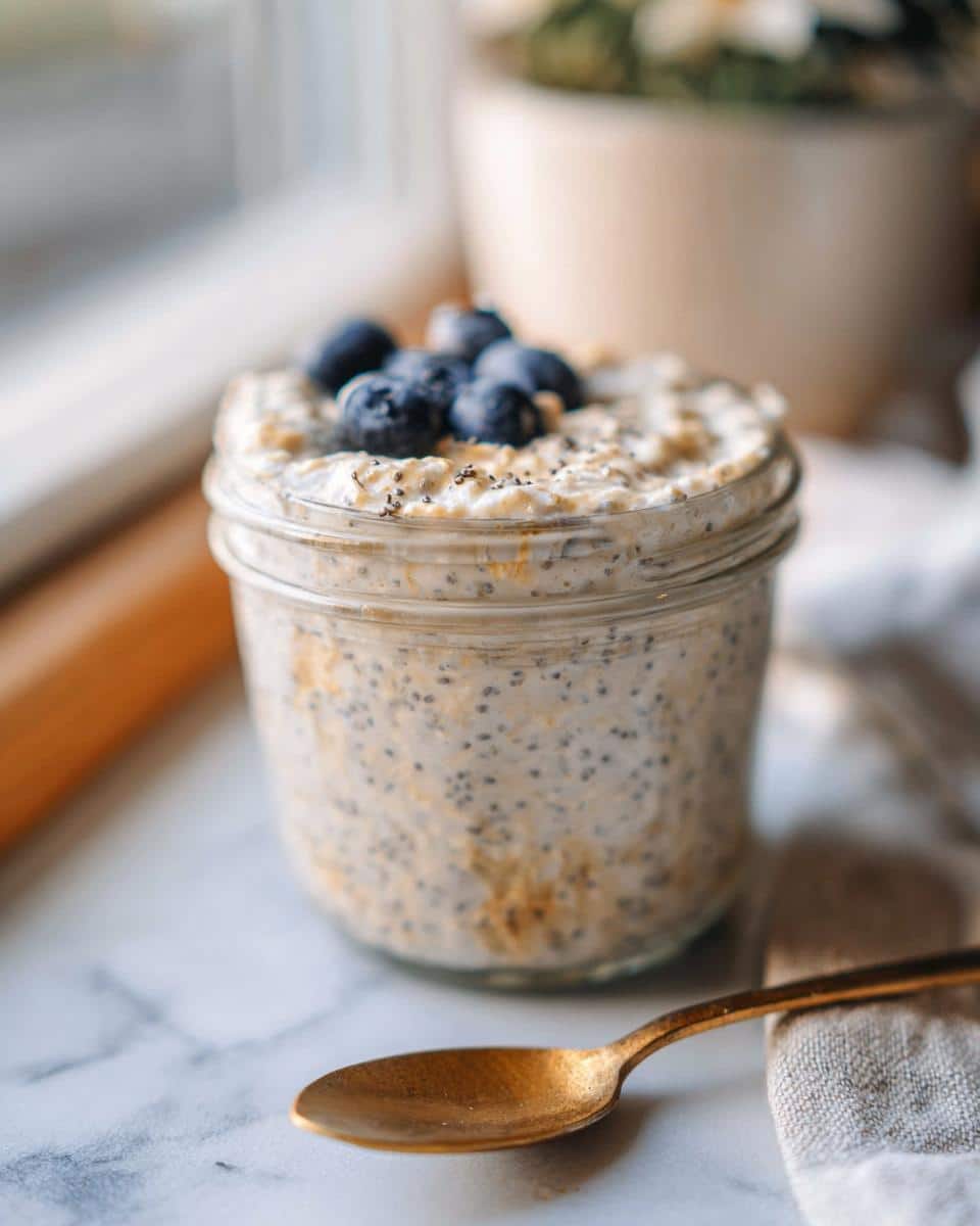 A jar of Vanilla Chia Overnight Oats topped with fresh blueberries, ready to eat.