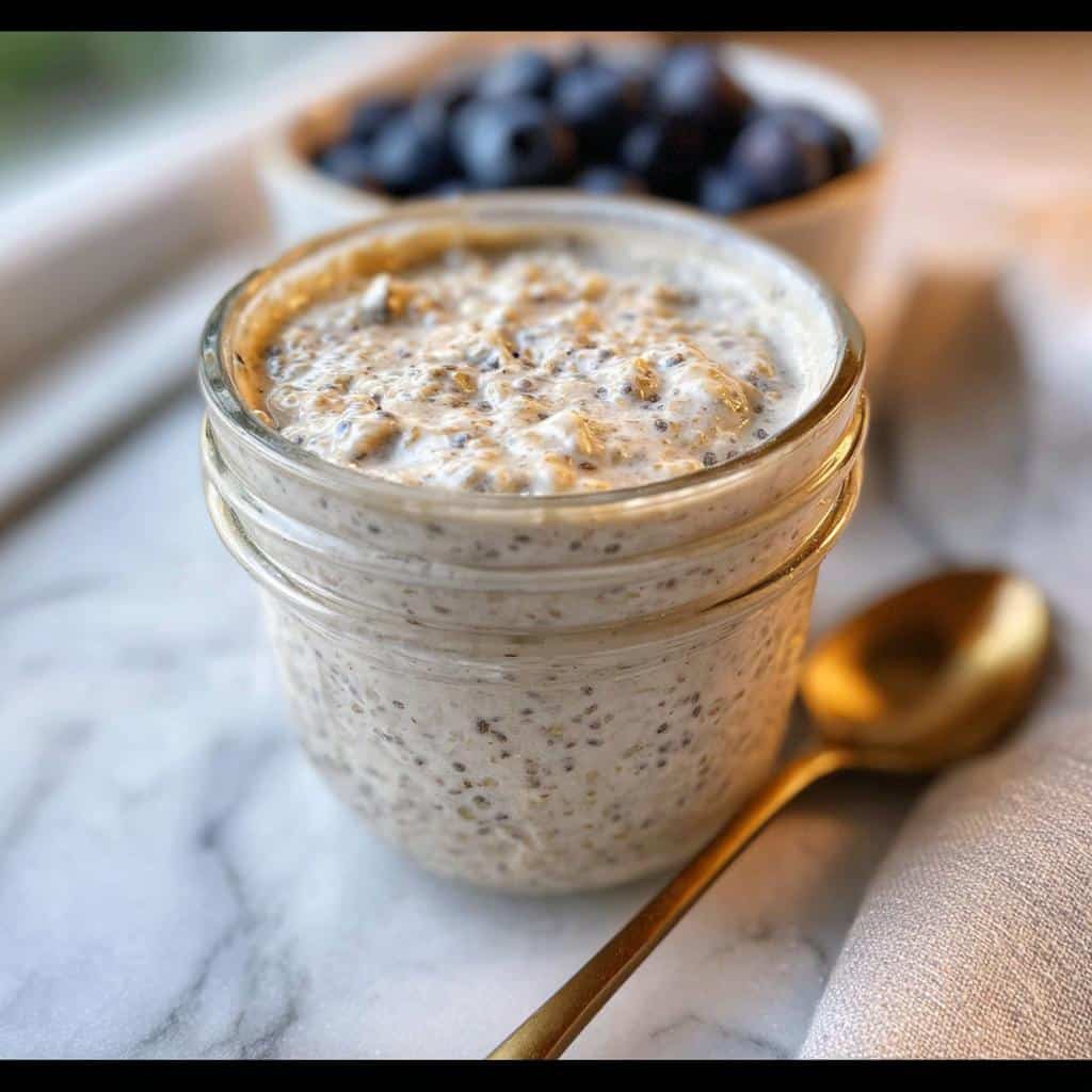 A close-up of Vanilla Chia Overnight Oats (No Yogurt) in a glass jar, next to a gold spoon and bowl of blueberries.
