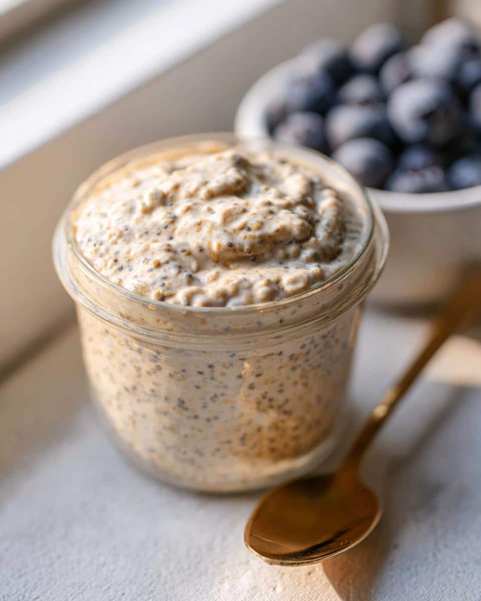 Close-up of creamy Vanilla Chia Overnight Oats (No Yogurt) in a glass jar, with blueberries blurred in the background.