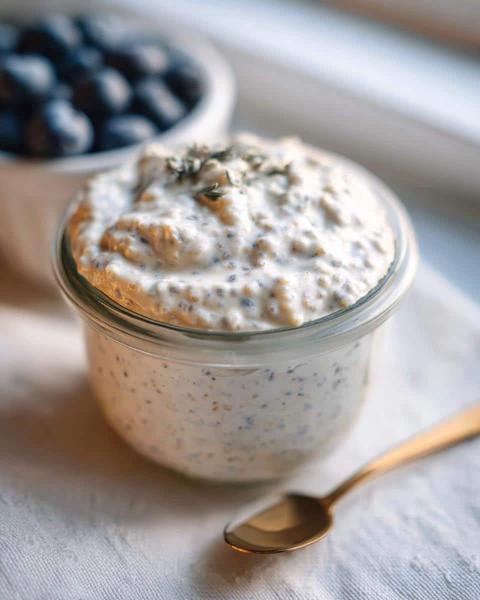 Close-up of creamy Vanilla Chia Overnight Oats (no yogurt) topped with herbs in a glass jar, with blueberries nearby.