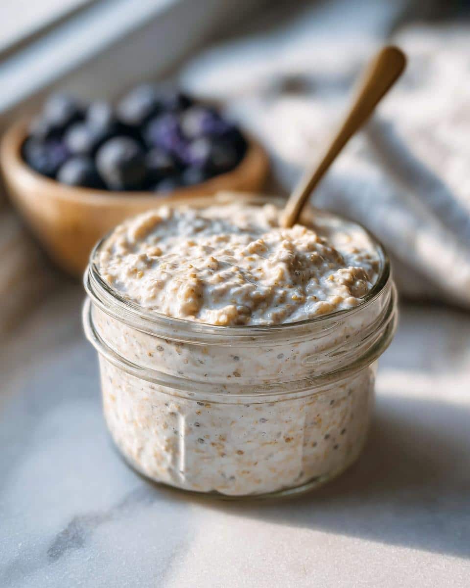 A jar of creamy Vanilla Chia Overnight Oats (No Yogurt) topped with a wooden spoon, with blueberries in the background.