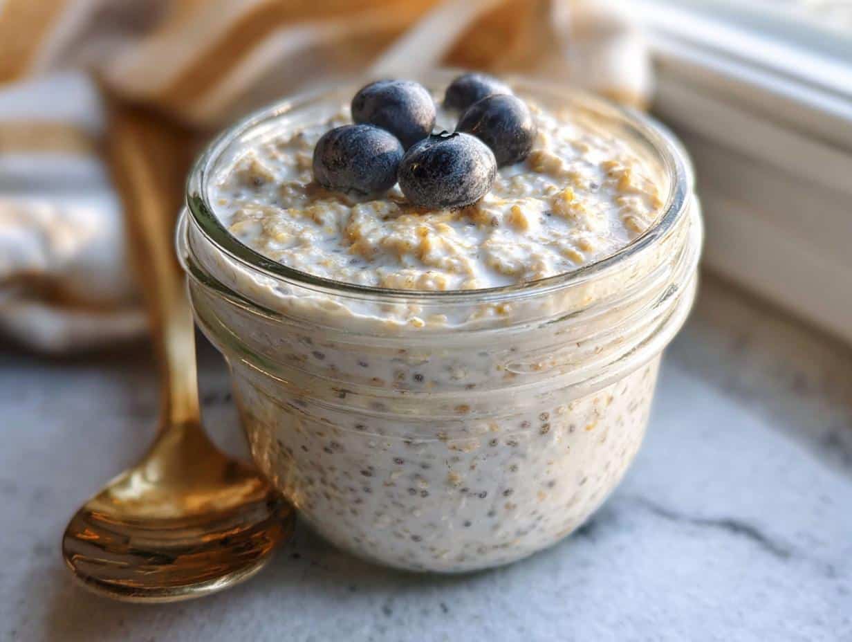 Close-up of Vanilla Chia Overnight Oats (No Yogurt) topped with fresh blueberries in a glass jar.