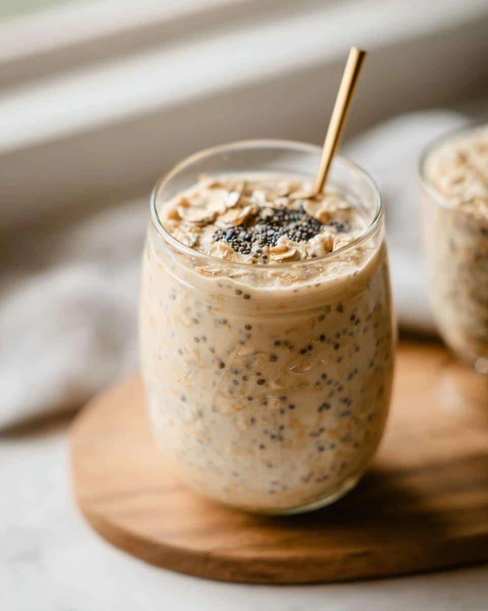 Close-up of Vanilla Chia Protein Oats topped with rolled oats and chia seeds, served in a glass with a gold spoon.