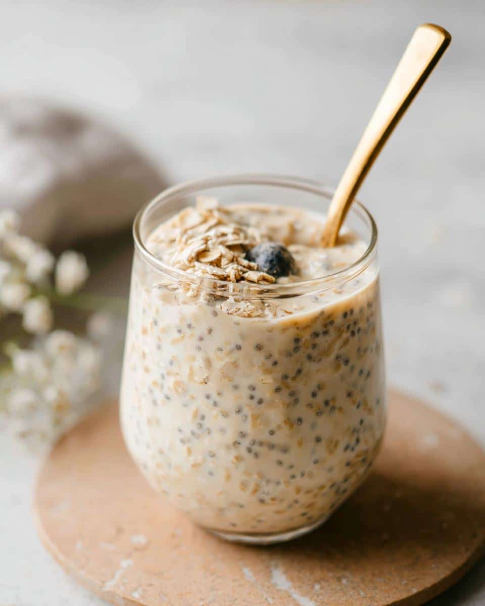 A glass filled with creamy Vanilla Chia Protein Oats, topped with rolled oats and a single blueberry, with a gold spoon.