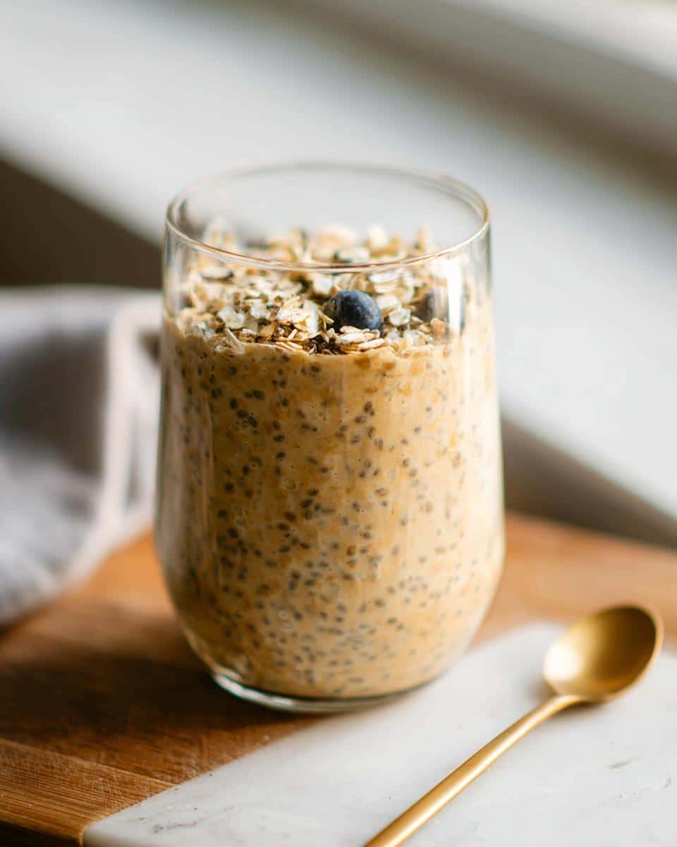 A glass filled with creamy Vanilla Chia Protein Oats, topped with rolled oats and a single blueberry.