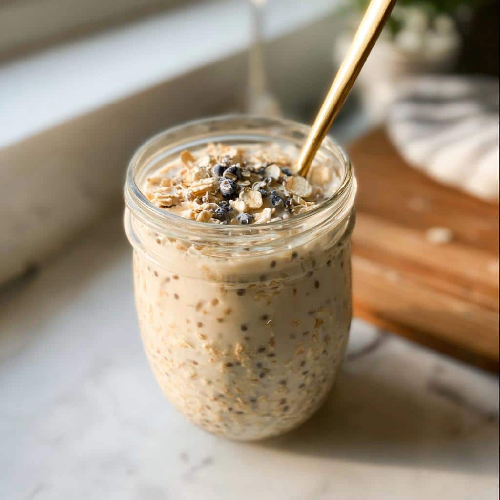 Close-up of Vanilla Chia Protein Oats in a glass jar topped with oats and dried blueberries, ready to eat.