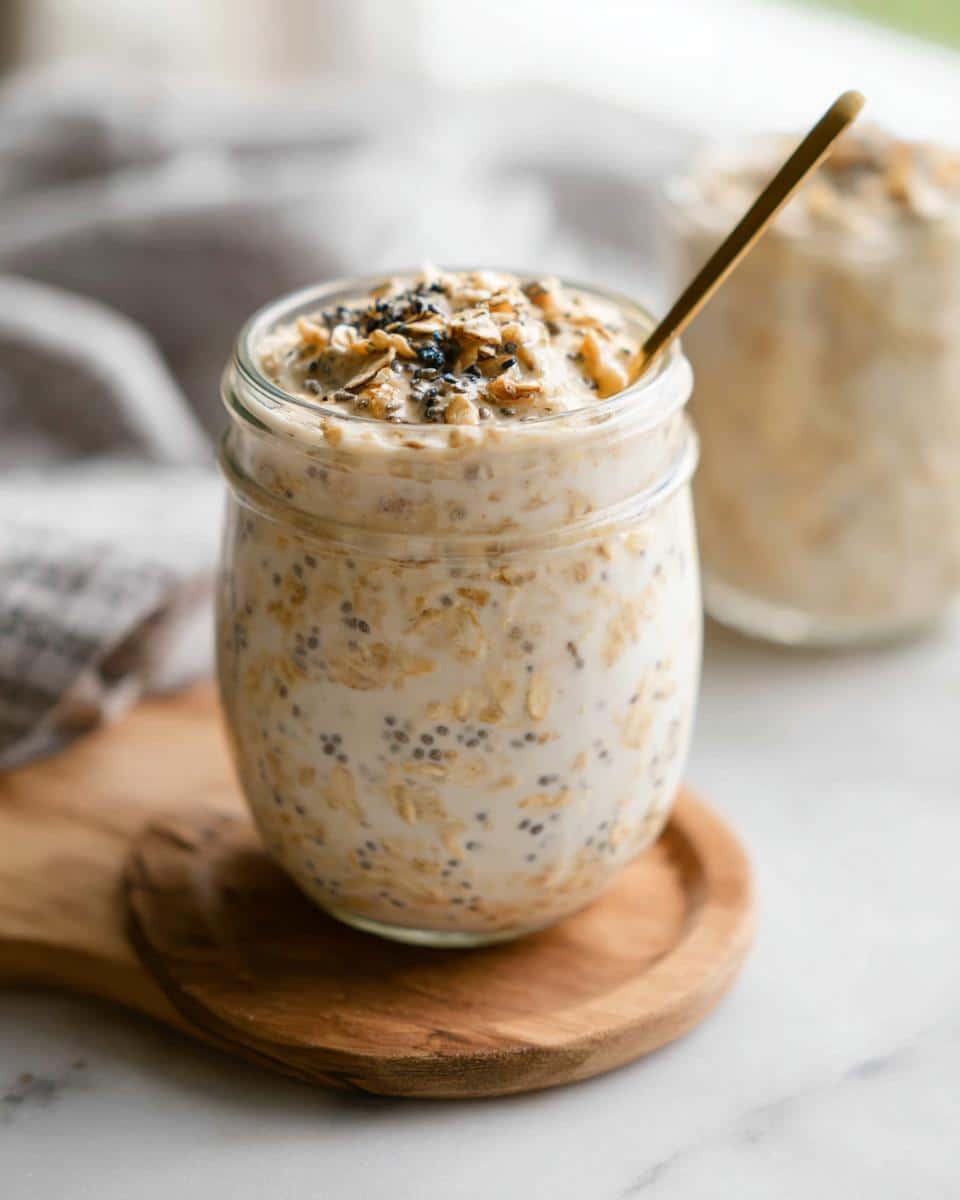 Close-up of Vanilla Chia Protein Oats in a glass jar, topped with toasted oats and seeds, with a gold spoon.